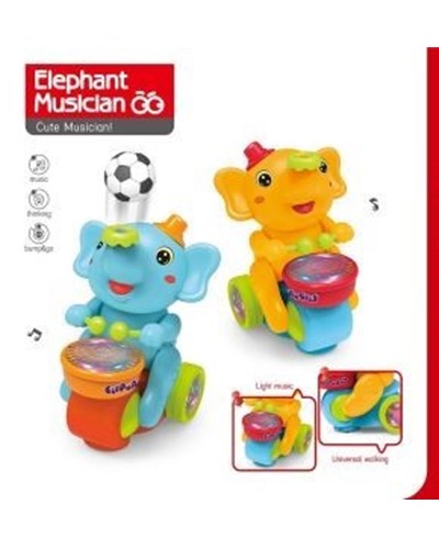 פיל מוזיקלי מתופף וכדור עף באויר