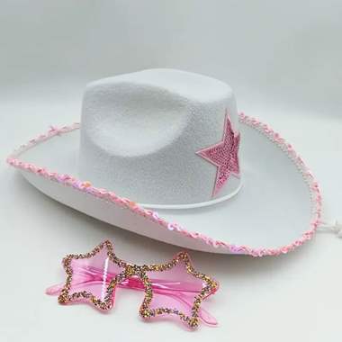כובע בוקרת לבן כוכב וורוד : image 1 כובע בוקרת לבן כוכב וורוד : image 1